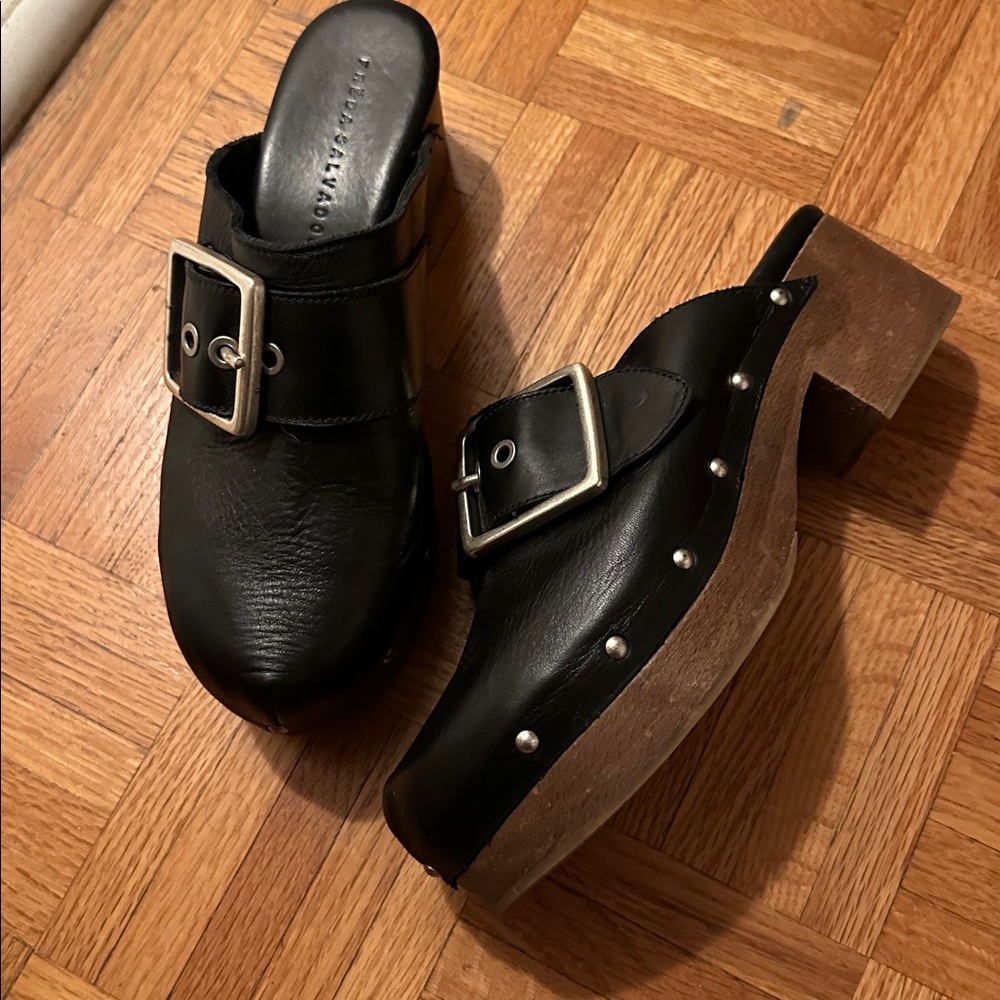 Freda Salvador Black Leather Clog with Buckle